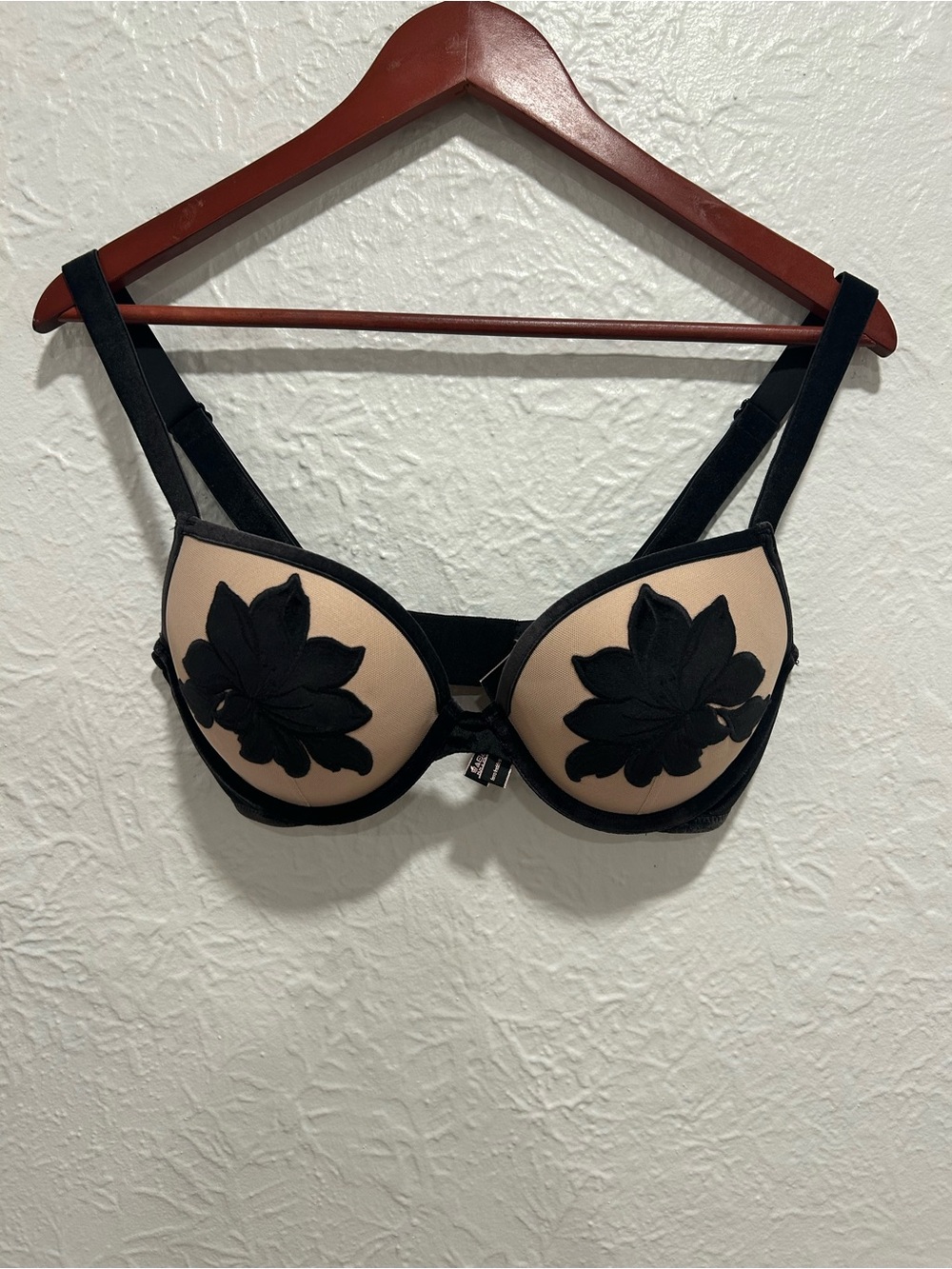 Victoria's Secret Nude and Black Floral Velvet Appliqué Push-Up Bra